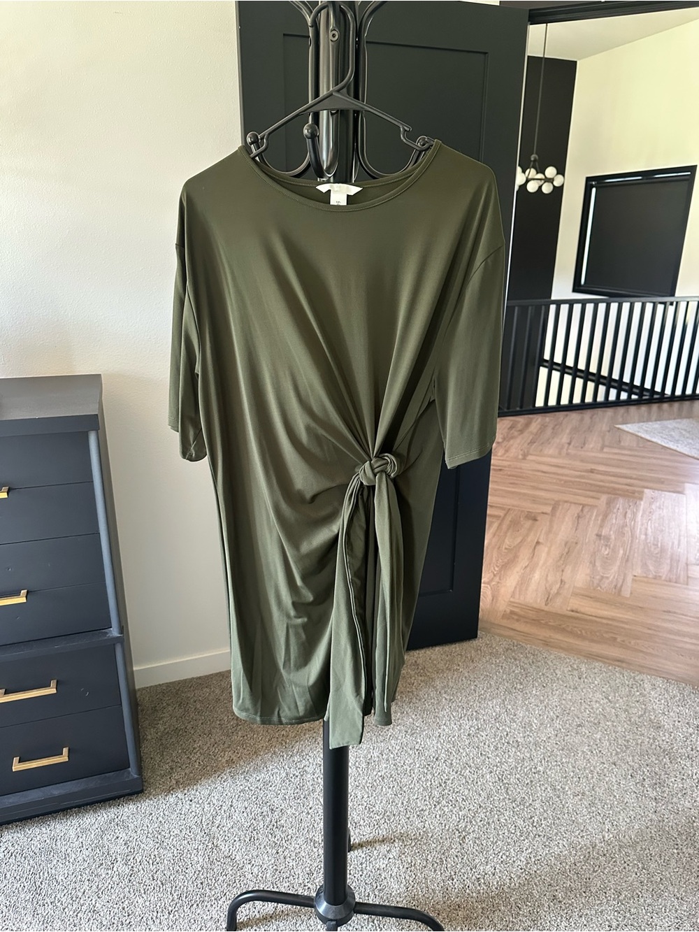 H&M Olive Tie-Front Short Sleeve Tunic Dress
